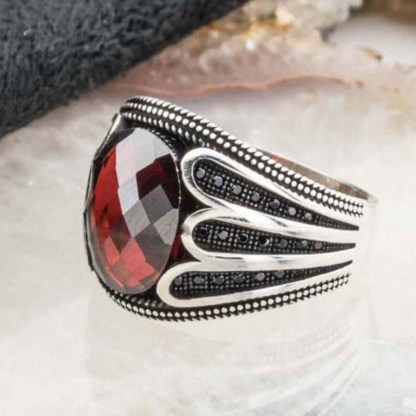 925 Ayar Gümüş Kırmızı Zirkon  Mikro Erkek Yüzük - Resim 3