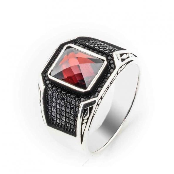 925 Ayar Gümüş Kırmızı Zirkon Taşlı Erkek Yüzük ürün görseli 1