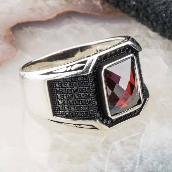 925 Ayar Gümüş Kırmızı Zirkon Taşlı Erkek Yüzük - Resim 2