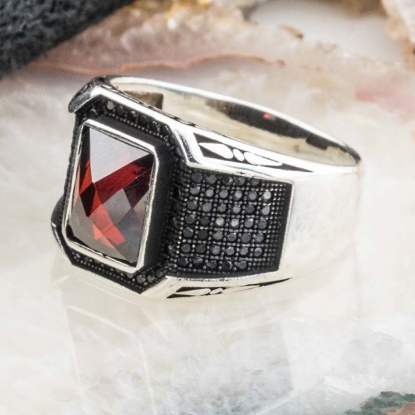 925 Ayar Gümüş Kırmızı Zirkon Taşlı Erkek Yüzük - Resim 3