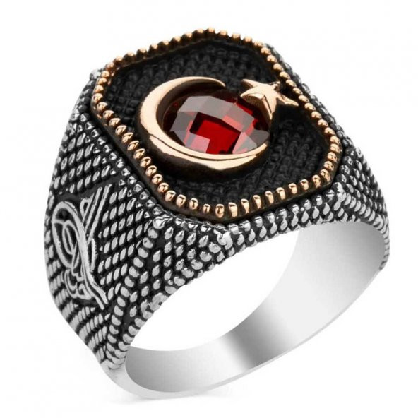 925 Ayar Gümüş Tuğra Detaylı Ay Yıldız Erkek Yüzük ürün görseli