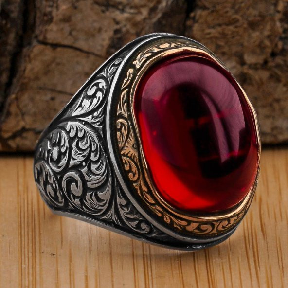 925 Ayar Gümüş Yakut (Ruby) Taşlı Erkek Yüzük
