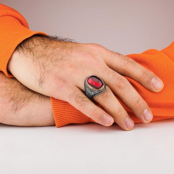 925 Ayar Gümüş Yakut (Ruby) Taşlı Erkek Yüzük - 2