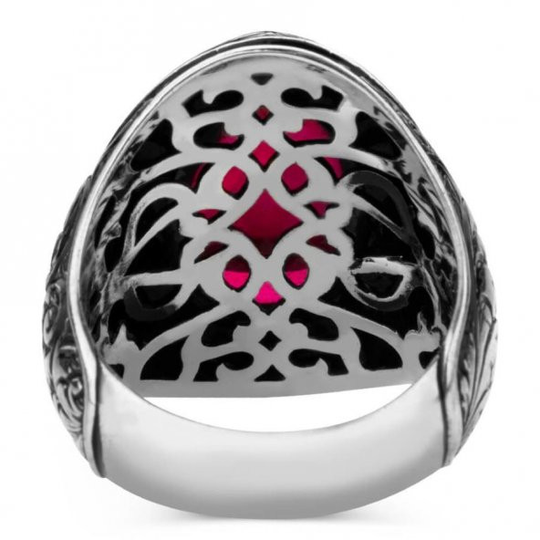 925 Ayar Gümüş Yakut (Ruby) Taşlı Erkek Yüzük - 5