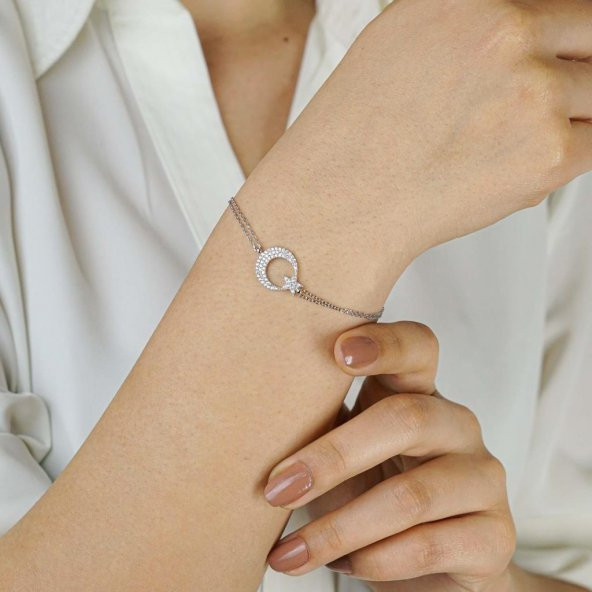 925 Ayar Gümüş Zirkon Taşlı Ay Yıldız Bayan  Bileklik ürün görseli