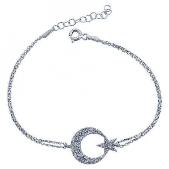 925 Ayar Gümüş Zirkon Taşlı Ay Yıldız Bayan  Bileklik - Resim 3