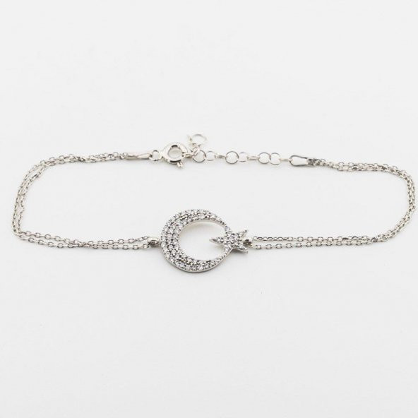 925 Ayar Gümüş Zirkon Taşlı Ay Yıldız Bayan  Bileklik - Resim 4
