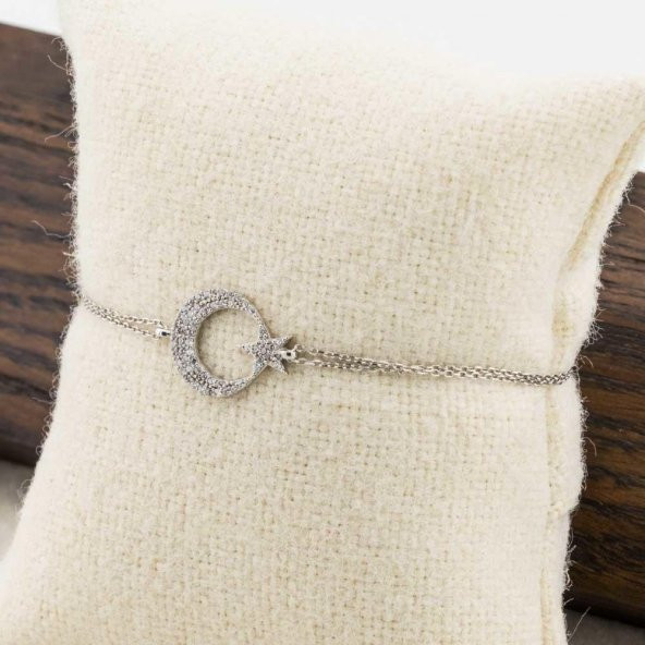 925 Ayar Gümüş Zirkon Taşlı Ay Yıldız Bayan  Bileklik - Resim 5