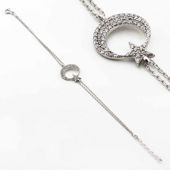 925 Ayar Gümüş Zirkon Taşlı Ay Yıldız Bayan  Bileklik - Resim 6