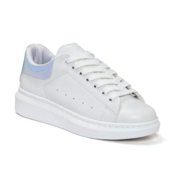 Beyaz Mavi Hologram Detaylı Yüksek Taban Bayan Günlük Sneaker Ayakkabı