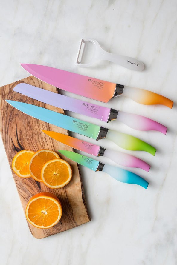 Renkli Saplı Çelik 6lı bıçak ve doğrama seti