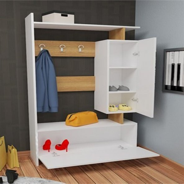 BMdekor Portmanto Ayakkabılık Vestiyer Kale Aynalı Beyaz Teak - 2