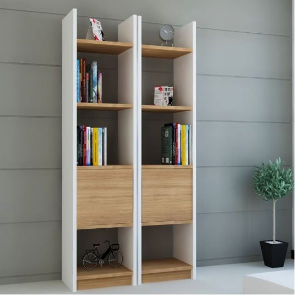 BMdekor Kitaplık Elips 102 Beyaz Teak 2li