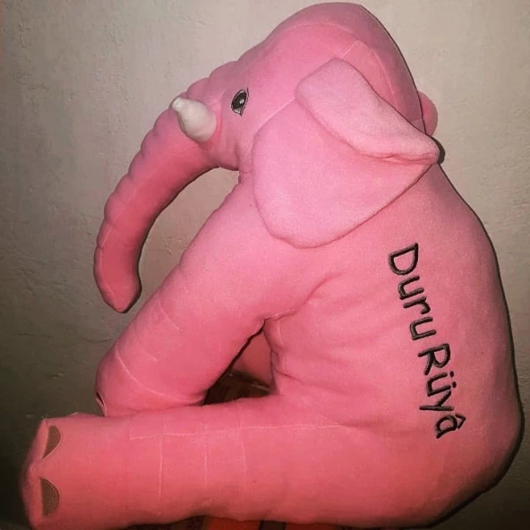 Kişiye Özel İsimli Büyük Uyku Arkadaşı Peluş Fil Pelüş Uyku Fili 60 Cm Pembe Fil