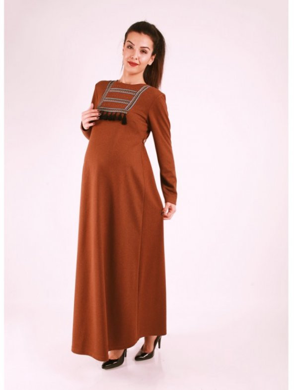 IŞŞIL Hamile Giyim Püskül Nakışlı Elbise
