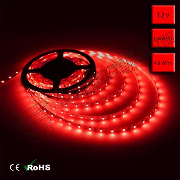 Tek Çipli İç Mekan Silikonsuz  Kırmızı Şerit Led (3528) 5 Metre