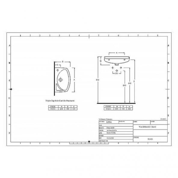 EGE LİSSA VİTRİFİYE KÖŞELİ DELİKLİ LAVABO 45x28 CM - 4