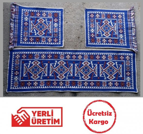 Araba Kilim Takımı Mavi -Ön ve Arka Koltuk 3 Parça Set