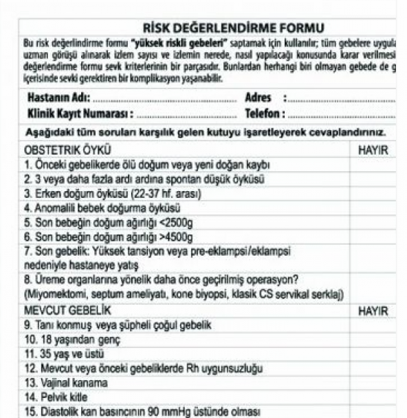 RİSK DEĞERLENDİRME FORMU 100 adet Bristol Karton - 2