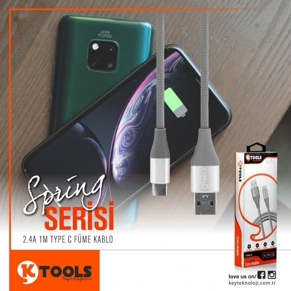 Ktools Spring 2.4A 1M Örgü Kablo Type C Füme Data ve Şarj Kablosu - 2