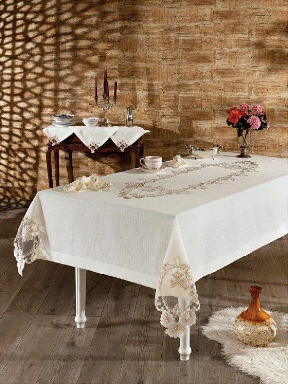 Güzide Dantelli Masa Örtüsü Seti Rana Pudra