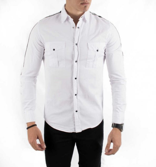 DeepSEA Önü Modelli Kolları Yazı Şeritli Kanvas Erkek Gömlek 1803 - 2