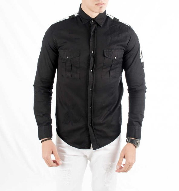 DeepSEA Önü Modelli Kolları Yazı Şeritli Kanvas Erkek Gömlek 1803 - 7