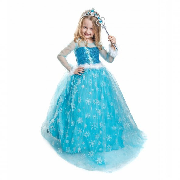 Elsa Kostümü Frozen Elsa Simli Kostum Pelerinli  Ful Aksesuarlı
