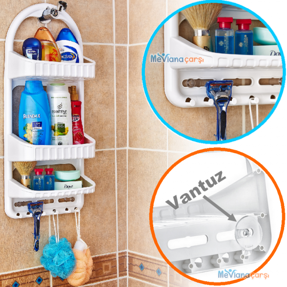 3 Katlı Vantuzlu Banyo Köşelik Vakumlu Şampuanlık