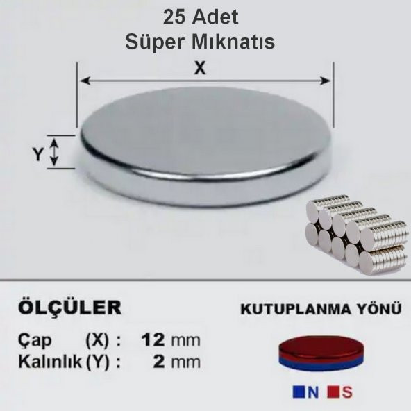 25 Adet 12mm * 2mm Yuvarlak Süper Güçlü Mıknatıs Magnet Yapımı Mıknatısı