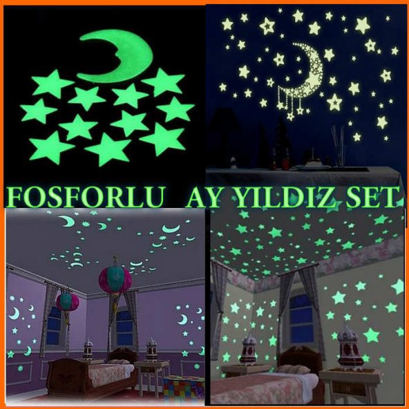 60 Adet Fosforlu Tavan Duvar Çıkartmaları Süsleri Ay Yıldız Gezegen Seti