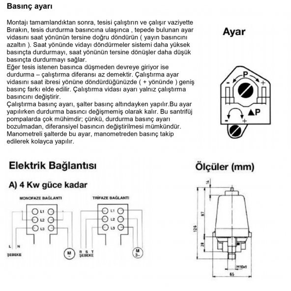 Basınç Şalteri (Kompresör-Hidrofor Otomatiği) 1/8 Bar 1/2" - 4