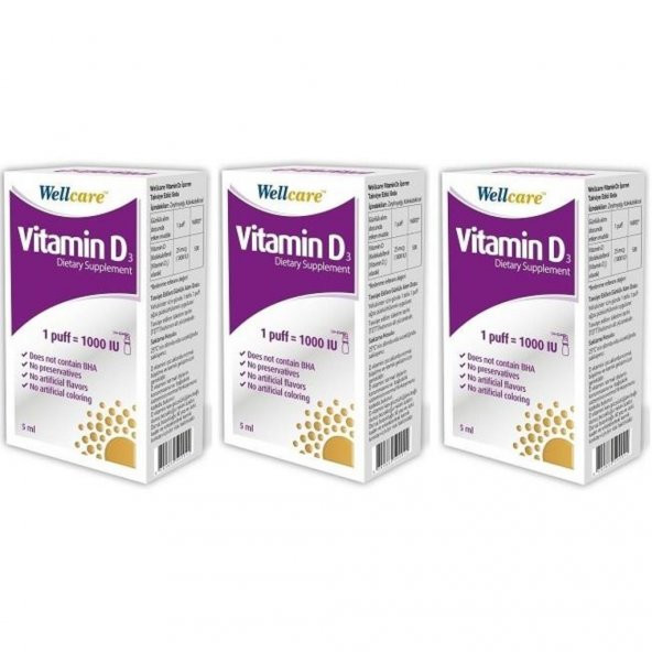 3 ADET Wellcare Vitamin D3 1000 IU 5 ml Sprey SKT:09/2021