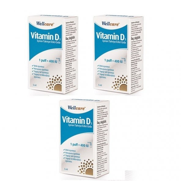 3 Adet Wellcare Vitamin D3 400 IU 5 ml Sprey SKT:09/2021