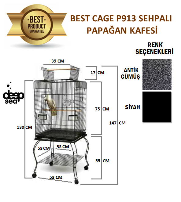 Best Cage P913 Sehpalı Papağan Kafesi 53x53x130 cm. Antik Silver