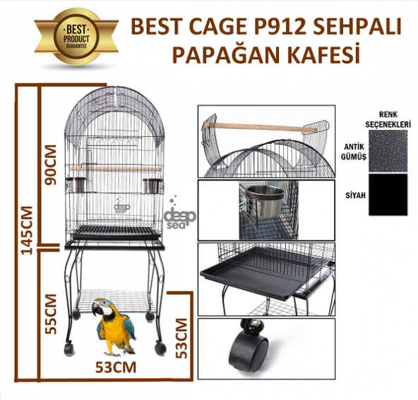 Best Cage P912 Sehpalı Papağan Kafesi 53x53x145 cm.