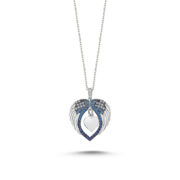 Angemiel 925 Gümüş Mavi Tonlamalı Nano Taşlı Kalp & Kanat Kolye - Rodyum Kaplama