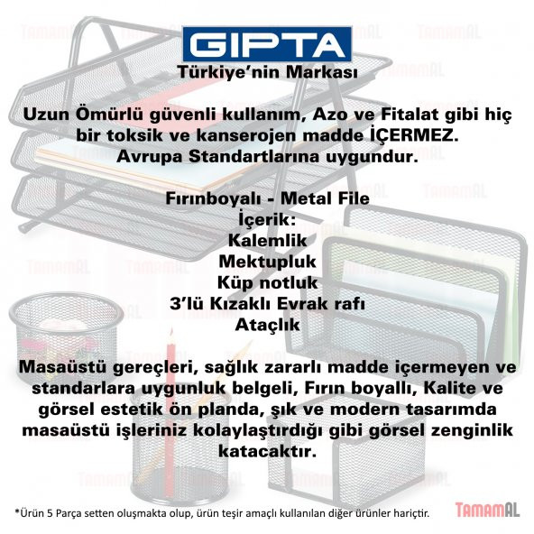 GIPTA 5 li METAL FİLE EVRAK RAFI Masa Kalemlik Küp notluk SET - 3