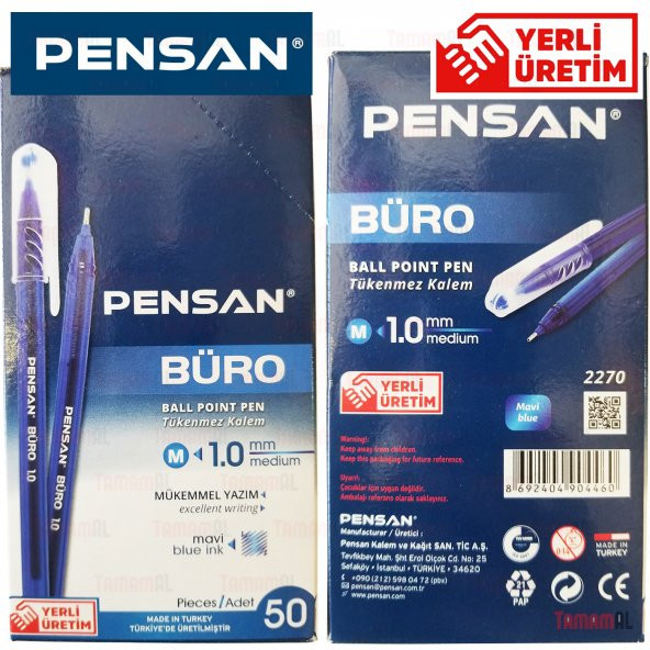 50 ADET Tükenmez Kalem Büro Pensan 2270 1,0 Mm Mavi Kırmızı Siyah - 2
