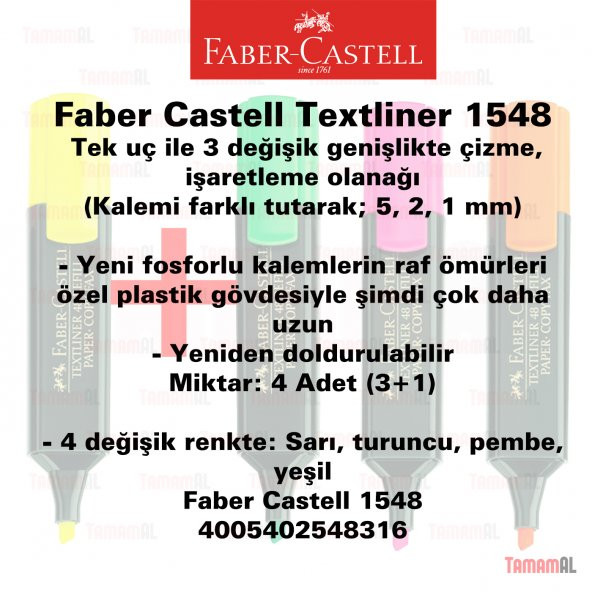 FABER CASTELL FOSFORLU KALEM SARI PEMBE YEŞİL TURUNCU 3+1 - 3