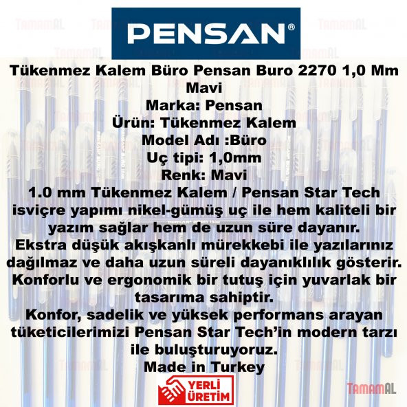 50 ADET Tükenmez Kalem Büro Pensan Buro 2270 1''0 Mm Mavi - 3