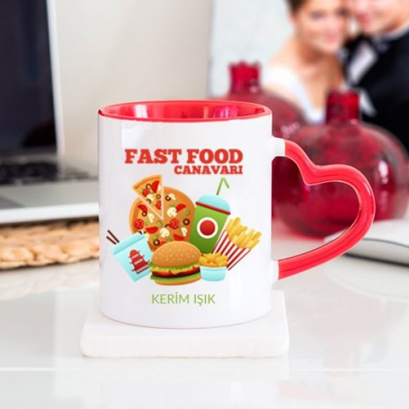 Kişiye Özel Fast Food Canavarı Tasarımlı Kalpli Kupa Bardak - tk9486