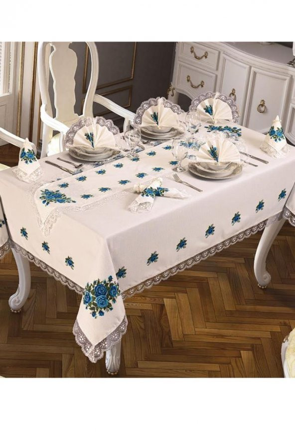 Kanaviçe Baskılı Güpürlü Dört Güllü Masa Örtüsü Takımı 18 Parça Mavi - Resim 2