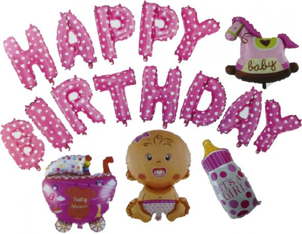 FOLYO BALON HARF HAPPY BİRTYHDAY SET PEMBE BEYAZ KALPLİ 40CM
