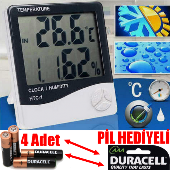 Dijital Termometre Isı ve Nem Ölçer  Masa Saati + 4 Pil Duracell