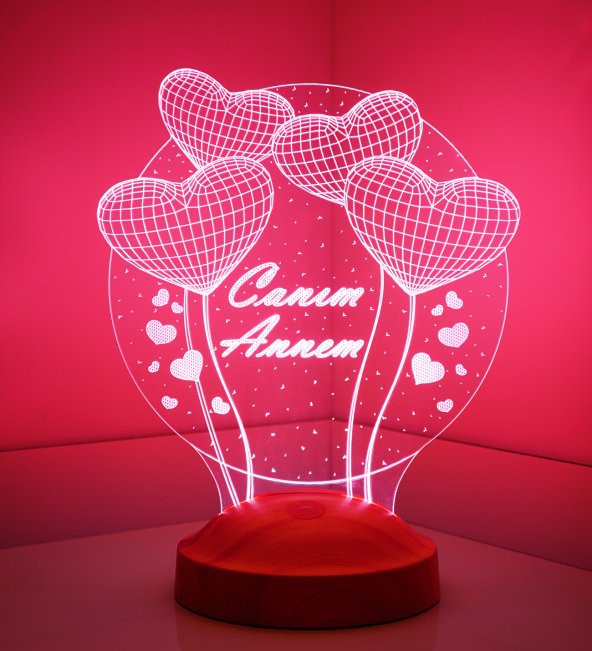 3D Led Lamba 3 Boyutlu Balon Kalpler Küre Canım Annem Hediye