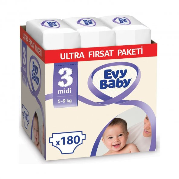 Evy Baby Bebek Bezi 3 Beden Midi Ultra Fırsat Paketi 180 Adet