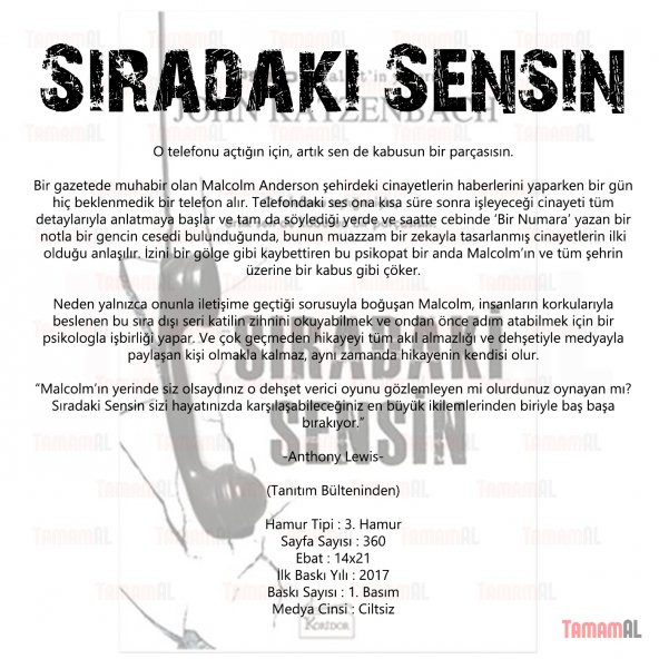 SIRADAKİ SENSİN (PSİKO ANALİZ in YAZARI) JHON KATZENBACH ROMAN - 2