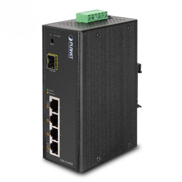 Planet PL-ISW-514PSF Endüstriyel Tip Websmart Switch (Industrial Websmart Switch) 
4-port 10/100Base-TX IEEE 802.3af PoE Injector (Per port 15.4 watt) (PoE Güç Bütçesi maks. 60 watt) 
1-port 100Base-FX SFP yuva 
IP30, -10~60 Derece C