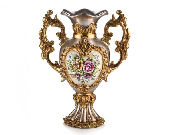 Porio Pr58-1046-Altın Çiçek Desenli Kulplu Vazo 43*33